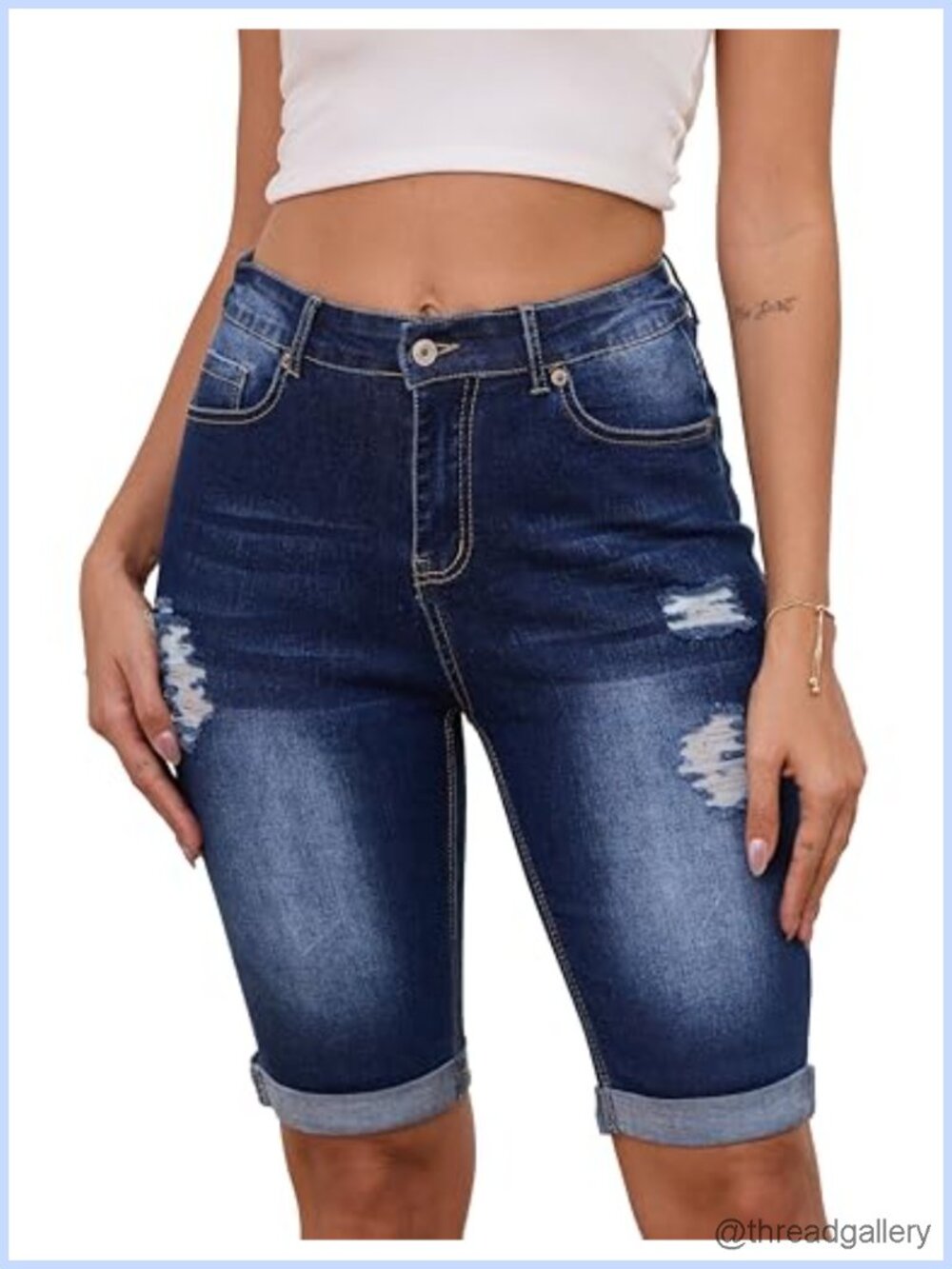 Women's Bermuda Denim Shorts Distressed Elastic Waist Ripped Rolled Hem Summer